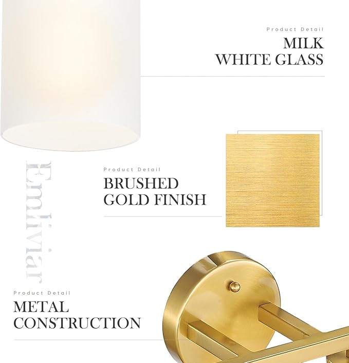 Emliviar 4-Light Gold Bathroom Light Fixtures, Modern Vanity Light with Milk White Glass, Brushed Brass Wall Sconce Over Mirror, YCE253B-4W BG