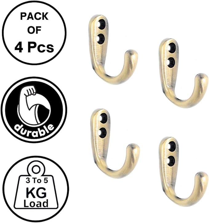 Multipurpose Hooks, Used to Hang Clothes, Bags, Coats, Curtain Hold Backs, Keys, Antique Gold Colour, Material - White Metal, Screws and Wallplugs Included, Pack of 4 Pieces