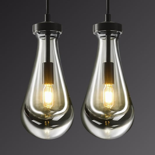 Raindrop Pendant Light Fixtures Set of 2, Modern Glass Pendant Lighting Kichen Island Black Teardrop Pendant Light Fixtures for Indoor Stairway,Dining Room, Living Room,E12 Bulb Included