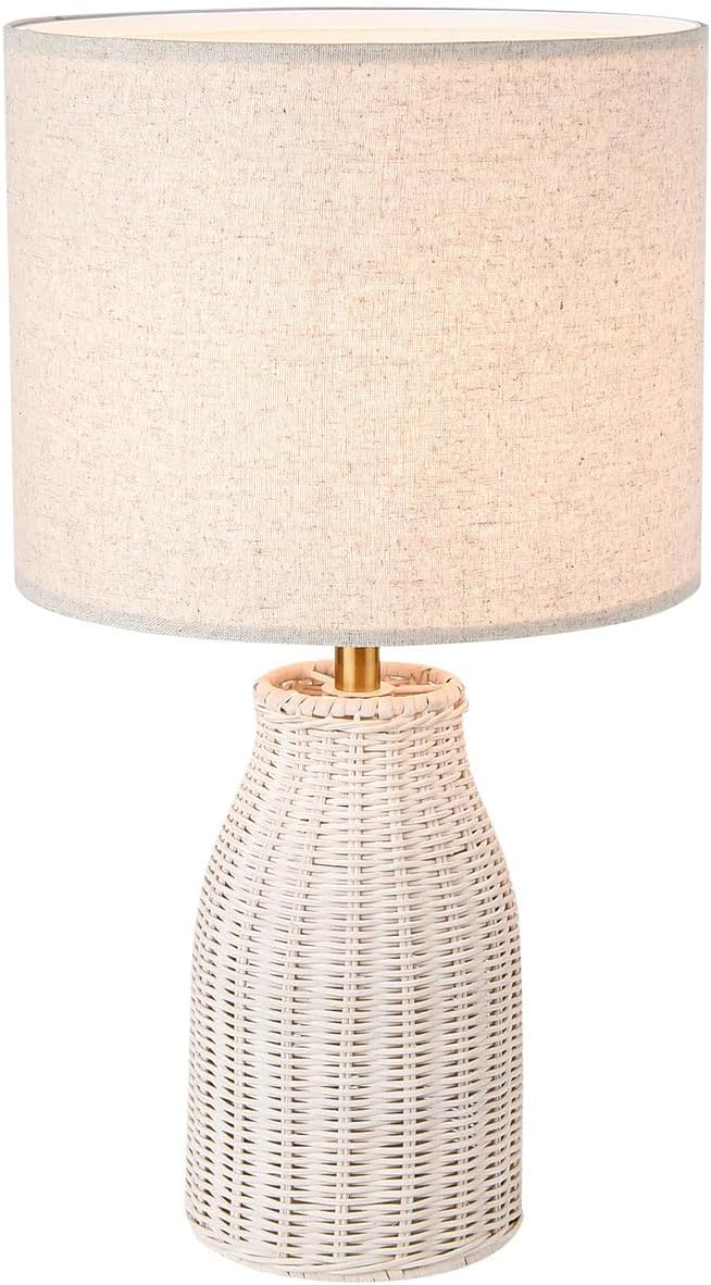 KUNJOULAM Rattan Table Lamp, Modern Wicker Desk Lamp with Linen Fabric Lampshade, 19.6" Weave Nightstand Light, Bedside Lamp for Bedroom Living Room Home Office Decor