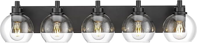 Bathroom Light Fixtures, 5 Light Matte Black Vanity Light, 32 Inch Modern Wall Sconces with Globe Clear Glass Shade, Vanity Lighting Fixtures Over Mirror, VL195-MB-CL-5