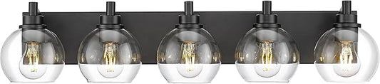Bathroom Light Fixtures, 5 Light Matte Black Vanity Light, 32 Inch Modern Wall Sconces with Globe Clear Glass Shade, Vanity Lighting Fixtures Over Mirror, VL195-MB-CL-5