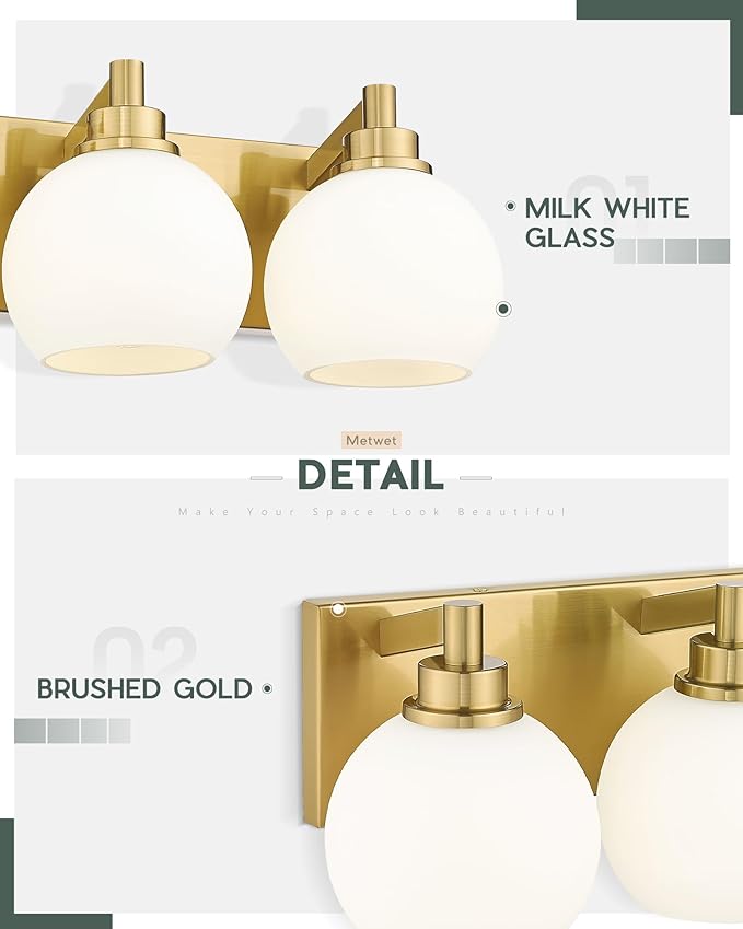 Bathroom Light Fixtures, 4 Light Brushed Gold Vanity Light, 26 Inch Modern Wall Sconces with Globe Milk White Glass Shade, Vanity Lighting Fixtures Over Mirror, VL195-BG-ML-4