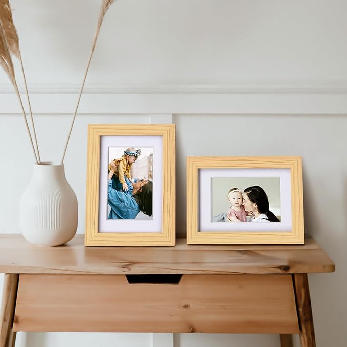 Egofine 4x6 Picture Frames Natural Wood Frames with Plexiglass, Display Pictures 3.5x5 with Mat or 4x6 Without Mat Set of 4 for Tabletop and Wall Mounting