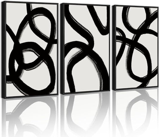 KUVIOKE Black and Wahite Abstract Framed Wall Art Ink Wash Minimalist Lines Painting Artwork for Bedroom Hallway 12x16in (Black Framed)