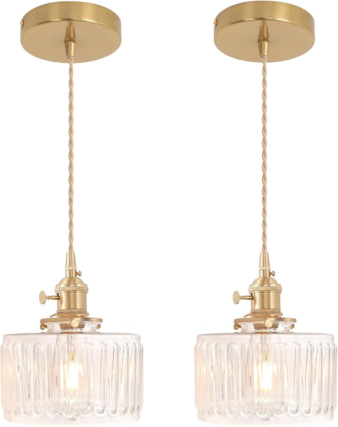 Pendant Light 2 Pack with Clear Striped Glass Lmapshade, Brass Vintage Pendant Light Adjustable Hanging Light for Kitchen Island Dining Room Hallway