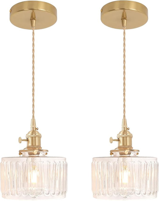 Pendant Light 2 Pack with Clear Striped Glass Lmapshade, Brass Vintage Pendant Light Adjustable Hanging Light for Kitchen Island Dining Room Hallway
