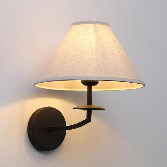 Pathson Hardwired Fabric Wall Sconce Linen Big Cone Lampshade, Vintage Wall Vanity Light Fixture Curved Arm Upwards Install, Indoor Bedside Lamp Decor for Living Room, Bathroom, Kitchen, Foyer