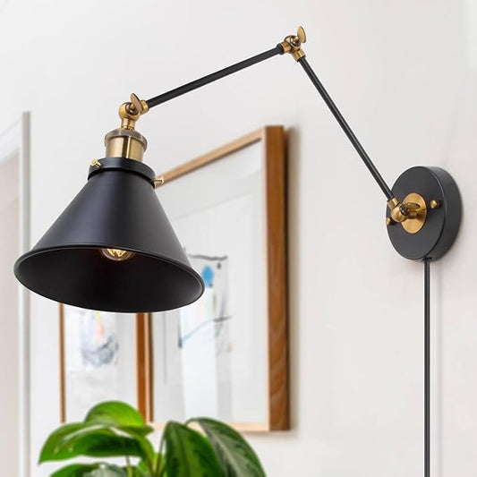 LALUZ Wall Sconces, Modern Swing Arm Plug in or Hardwired Sconces Wall Lighting Lamp with Polished Brass Finish, Wall Sconce Light Lights Indoor for Bedroom, Living Room, Study
