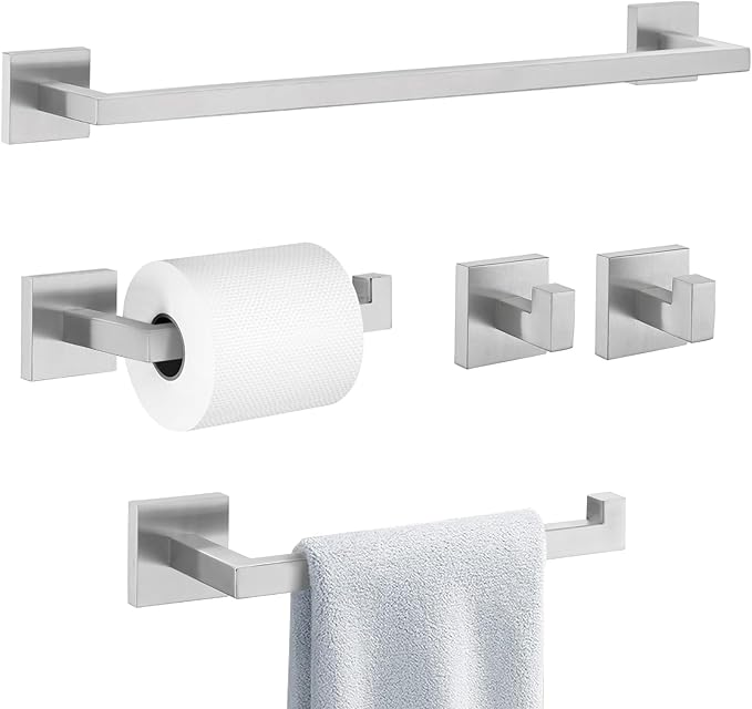 Towel Bar Set 5 Pieces Brushed Nickel Bathroom Hardware Set Includes 23.6 Inch Towel Bar Toilet Paper Holder Towel Ring Towel Hooks SUS304 Stainless Steel Hand Towel Holder for Bathroom Wall Mounted