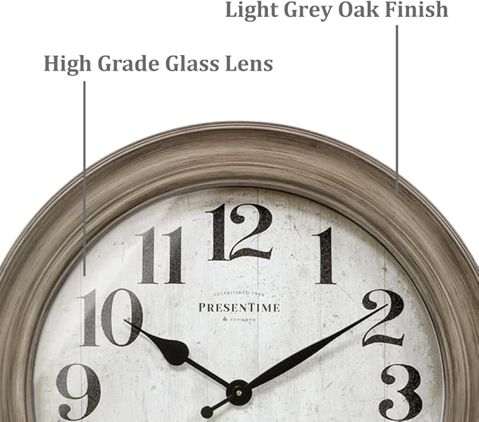 Presentime & Co. 26" Clifton in/Outdoor Farmhouse Clock with Thermometer & Hygrometer as All in One Weather Station, Farmhouse Wall Art and Timepiece for Home Decoration, Light Grey Oak Finish