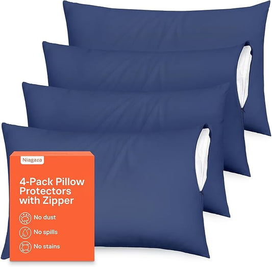 Ultra Soft Pillow Protectors with Zipper King Size - Set of 4 Breathable Pillow Covers - 100% Protection Against Stains, Dust & Dirt - Machine Washable (Navy Blue)