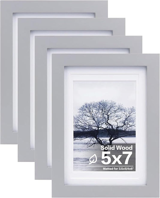 Egofine 5x7 Picture Frames Covered by Plexiglass, 4 Pack for Picture 4x6 with Mat or 5x7 whitout Mat Made of Solid Wood for Table Top Display and Wall Mounting Photo Frame, Light Gray