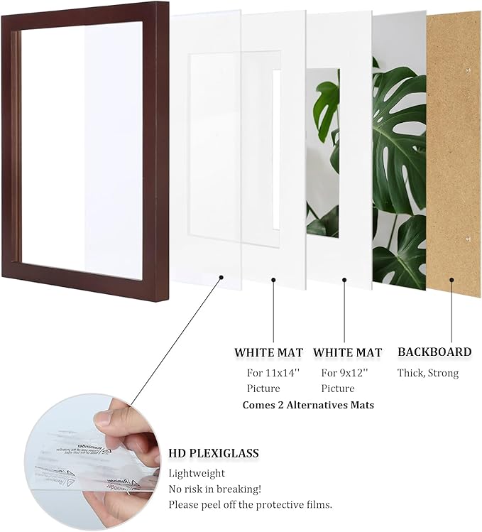 Egofine 12x16 Picture Frames with Plexiglass, Display Pictures 9x12/11x14 with Mat or 12x16 Without Mat Set of 4 for Wall Mounting,Walnut Color