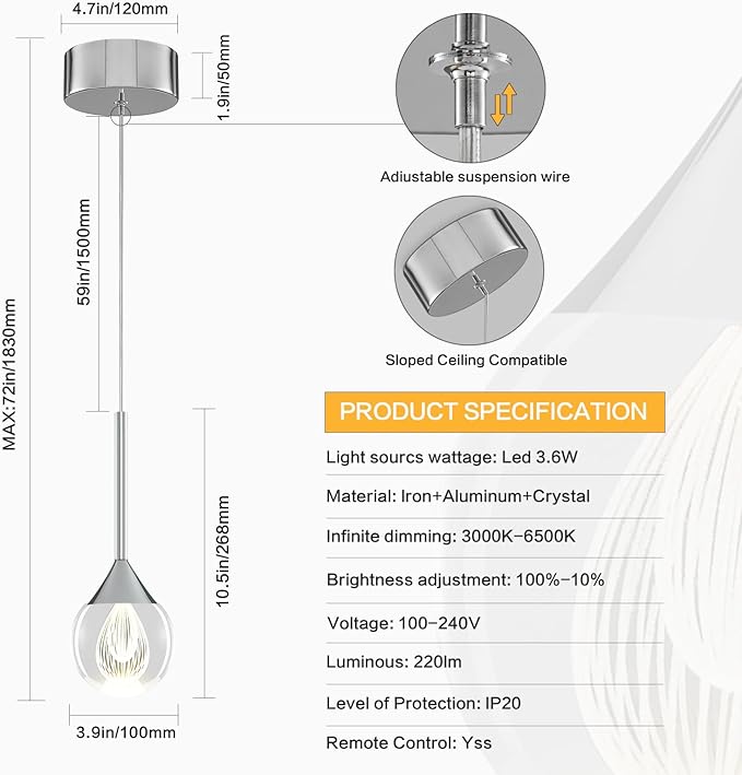 1-Light Teardrop Crystal Pendant Light - Chrome Finish Globe Ceiling Hanging Fixture D3.9 inch LED Pendant Light with Remote ，Raindrop Chandelier for Kitchen Island, Dining Room, Bar