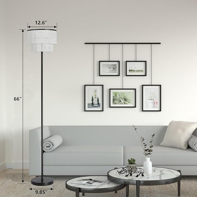 2 Light Black Boho Floor Lamp with 2-Tier Tassels/Fringe Lampshade,66" Tall Mid Century Standing Bedroom Lamp,Soft Lighting Nursery Floor Lamp for Bedroom Livingroom