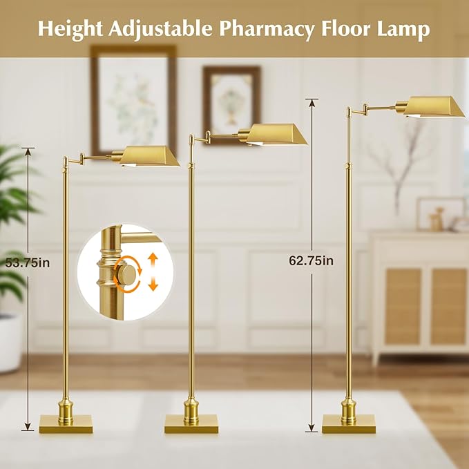 GyroVu Traditional Height Adjustable Pharmacy Floor Lamp with 350° Swing Arm, 3 Color Temperature Adjustable Standing Lamp Metal Shade for Living Room Reading House Bedroom Home Office(Gold)