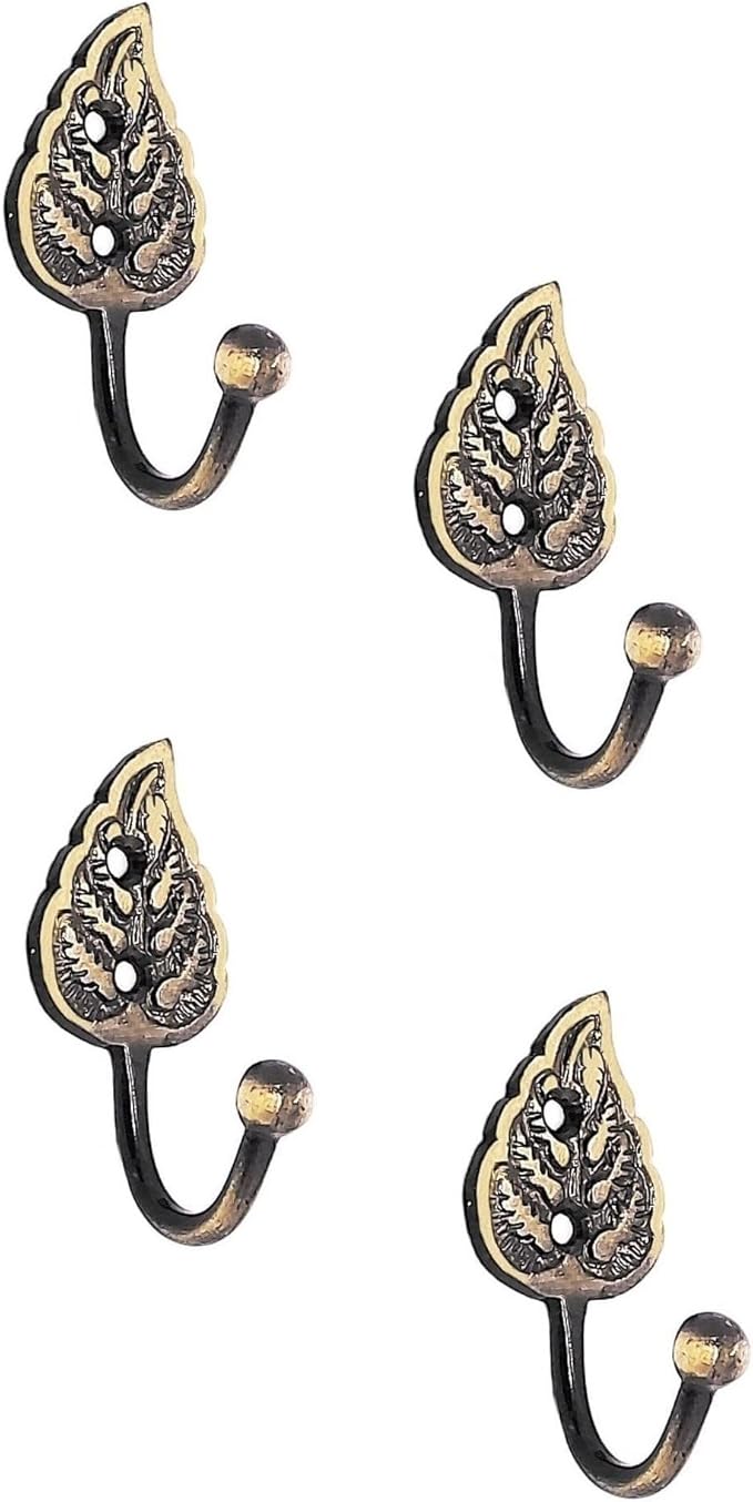 Multipurpose Hooks, Used to Hang Clothes, Bags, Coats, Curtain Hold Backs, Keys, Colour - Antique Gold, Material - Brass, Leaf Design, Screws and Wallplugs Included, Pack of 4 Pieces