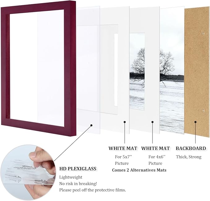 Egofine 8x10 Picture Frames 4 Pack - Wood Frames Covered by Plexiglass for Pictures 4x6 or 5x7 with Mat or 8x10 Without Mat, Photo Frames for Table Top and Wall Display, Cherry Red