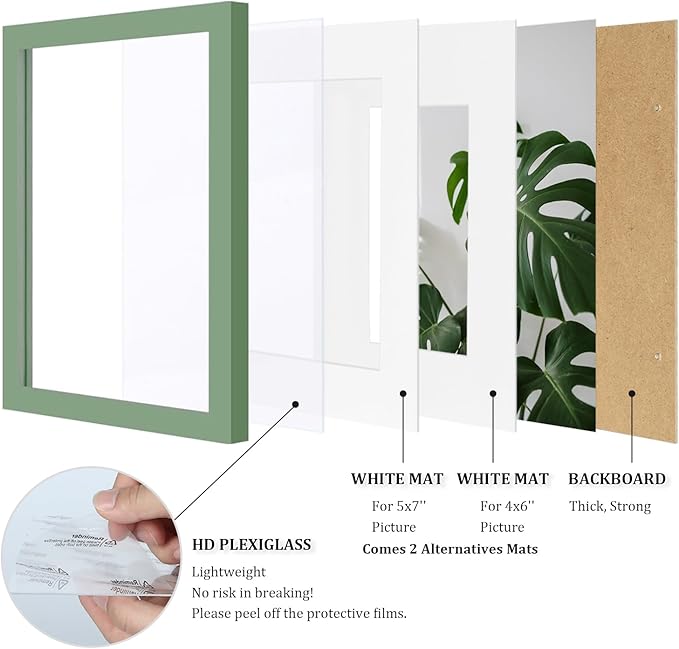 Egofine 8x10 Picture Frames 4PCS, Made of Solid Wood Display 4x6 and 5x7 with Mat Covered by Plexiglass, for Table Top Display and Wall Mounting Photo frame, Green