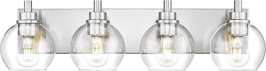 Bathroom Light Fixtures, 4 Light Brushed Nickel Vanity Light, 26 Inch Modern Wall Sconces with Globe Clear Glass Shade, Vanity Lighting Fixtures Over Mirror, VL195-BN-CL-4