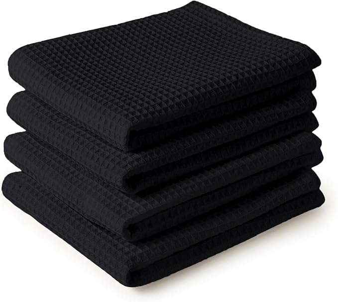 Encasa XO Kitchen Dish Towels Set | Black | Waffle Weave and Flat Hand Tea Towel | 28"x18" | Quick Drying Reusable Cotton Washcloths | Multipurpose Lightweight Dishcloths Set of 4
