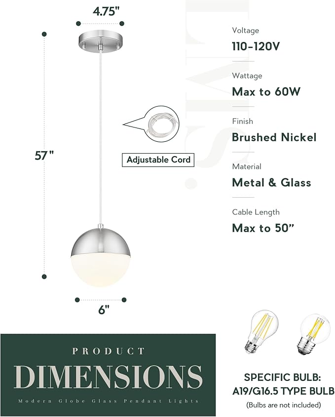 LMS 6-inch Brushed Nickel Pendant Light, Mid Century Kitchen Island Pendant Light Fixtures with White Globe Glass, Adjustable Hanging Light for Dining Room Bedroom Bathroom, LMS-186BNS