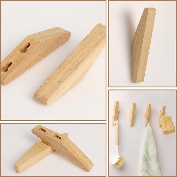 4 Pack Wood Wall Hooks Natural Wooden Coat Hooks Hat Hooks No Damage for Hanging Towels Clothes Adhesive Modern Home Decorative Gift (Triangles Beech)
