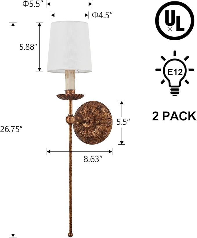Wall Sconces Set of 2 Antique Brass Wall Lights Vintage Farmhouse Off-White Fabric Wall Lamp for Vanity Stairway Fireplace Living Room Bedside Passway Hallway