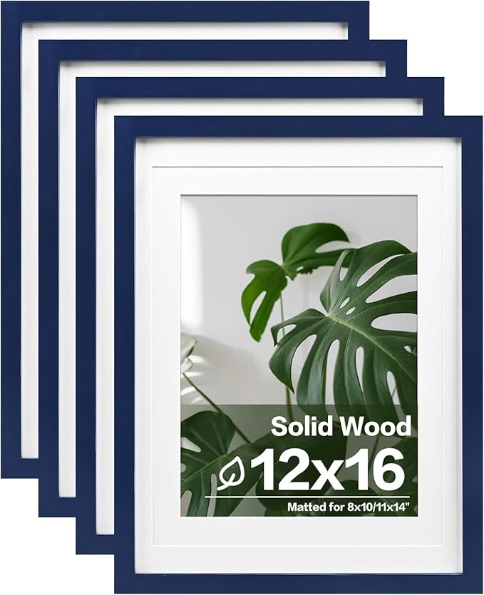 Egofine 12x16 Picture Frames 4PCS Covered by Plexiglass, Made of Solid Wood, Display Pictures 9x12/11x14 with Mat or 12x16 Without Mat for Wall Mounting, Navy Blue