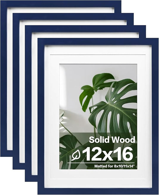 Egofine 12x16 Picture Frames 4PCS Covered by Plexiglass, Made of Solid Wood, Display Pictures 9x12/11x14 with Mat or 12x16 Without Mat for Wall Mounting, Navy Blue
