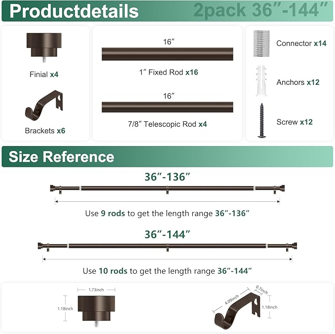 HEI! DEAR 2 Pack Bronze Curtain Rods, 72-144" (6-12ft), 1" Heavy Duty, Modern Style, Iron Finish, Antique Bronze Color, Wall Mounted, 30 lbs Weight Capacity