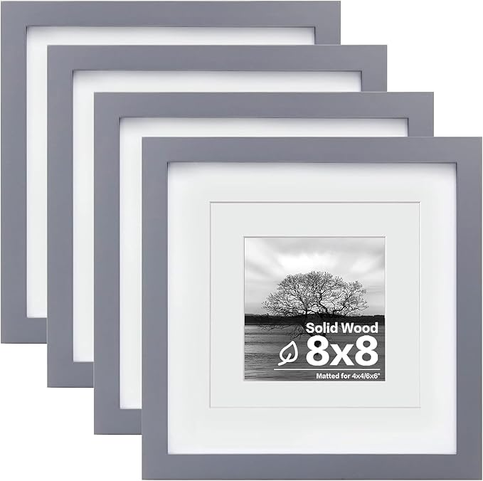 Egofine 8x8 Picture Frames 4 Pack for Picture 4x4 with Mat or 8x8 whitout Mat Made of Solid Wood Covered by Plexiglass for Table Top Display and Wall Mounting Photo Frame, Dark Gray