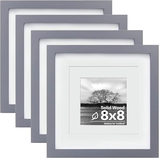 Egofine 8x8 Picture Frames 4 Pack for Picture 4x4 with Mat or 8x8 whitout Mat Made of Solid Wood Covered by Plexiglass for Table Top Display and Wall Mounting Photo Frame, Dark Gray