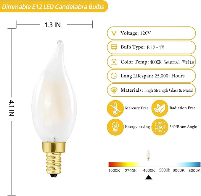 Chandelier Light Bulbs 40 Watt, Dimmable Frosted Candelabra LED Bulbs,4W Equal 40W, Neutral White 4000K, E12, 400LM,AC120V, Ceiling Fan Light Bulbs Type B (6 Pack) (4w-4000k(Neutral White))