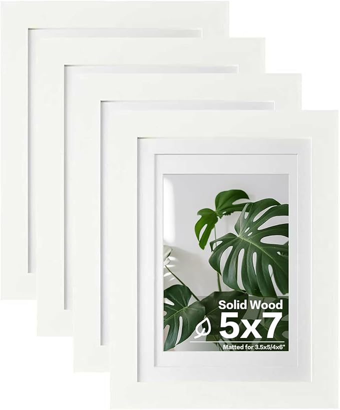 Egofine 5x7 Picture Frame 4PCS Made of Solid Wood, Display Picture 3.5x5/4x6 with Mat or 5x7 Covered by Plexiglass for Table Top Display and Wall Mounting Photo Frame, White with Texture