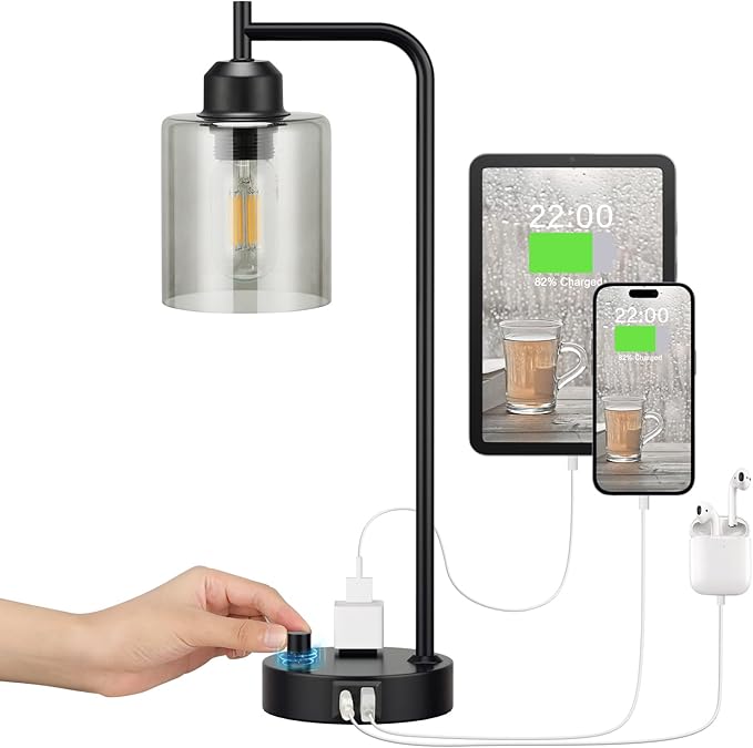 Industrial Bedside Desk Lamps for Bedroom - Grey Smoked Glass Shade Table Lamp with USB C Port, Fully Dimmable Small Lamps with USB Port and Outlet, Reading Nightstand Lamps for Office Living Room