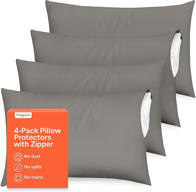 Ultra Soft Pillow Protectors with Zipper King Size - Set of 4 Breathable Pillow Covers - 100% Protection Against Stains, Dust & Dirt - Machine Washable (Gray)