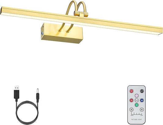 FUNCHDAY Picture Light Wireless, Rechargeable Gallery Light Battery Operated, 280LM Dimmable Art Lighting with Remote, 16" Metal Picture Lights for Wall, Paintings, Portrait, Photo (Brass)