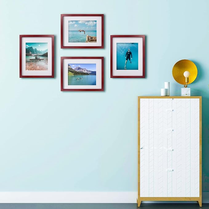 Egofine 11x14 Picture Frames 4 Pack Display Pictures 5x7/8x10 with Mat or 11x14 Without Mat Made of Solid Wood Covered by Plexiglass for Table Top Display and Wall Mounting Photo Frame, Cherry Red