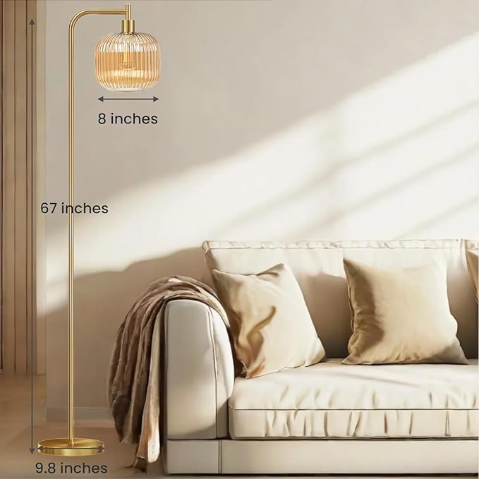 Glass Floor Lamp,67" Modern Standing Lamp with Amber Ribbed Glass Lampshade Metal Pole for Living Room, Bedroom, Office - Heavy Base,Pedal Switch(Include E26 Bulb)