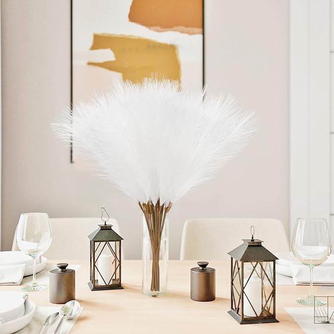 50pcs White Faux Pampas Grass Decor, 21.6" Short Artificial Pompous Grass Floral Fake Pompas Grass Branches Vase Filler Flower Arrangement for Home Wedding Boho Decor