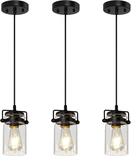 Industrial Pendant Lighting Fixtures, Hanging Pendant Lights with Seeded Glass Shade, 3 Pack Black Ceiling Light Fixture Adjustable Farmhouse Pendant Light for Kitchen Island Dining Room