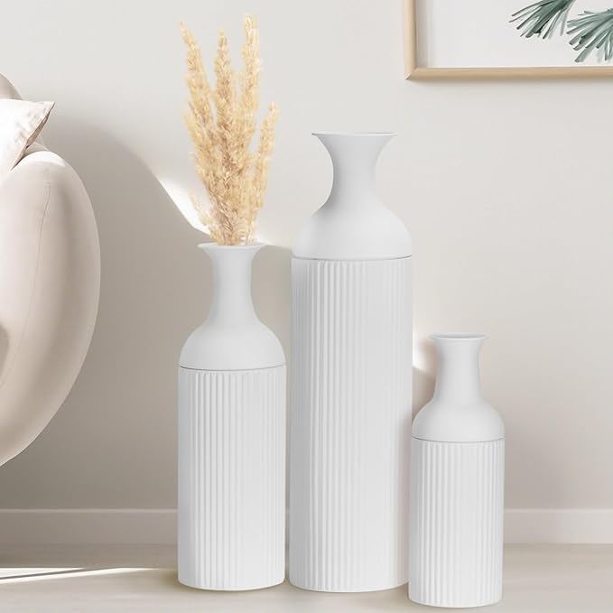 Large Metal Floor Vases Set of 3, 27'' 20'' 16'', White Tall Flower Vase for Pampas Grass, Decorative Big Vases for Hallway Corner, Floor Decor for Living Room