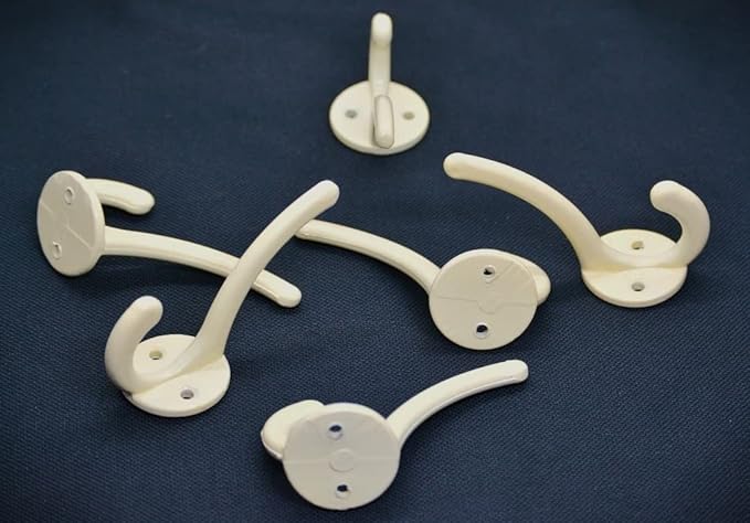 Multipurpose Hooks, Used to Hang Clothes, Bags, Coats, Curtain Hold Backs, Keys, Ivory Colour, Material - Aluminium, Screws and Wallplugs Included, Pack of 2 Pieces