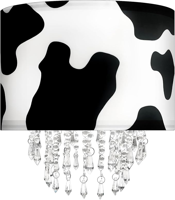 Star Vision Black & White Cow Print Drum Fabric Lampshade with Acrylic Beaded Droplets, Modern Farmhouse Light Shade for Pendant, Table, Wall & Floor Lamps, Bedroom, Living Room & Entryway Décor