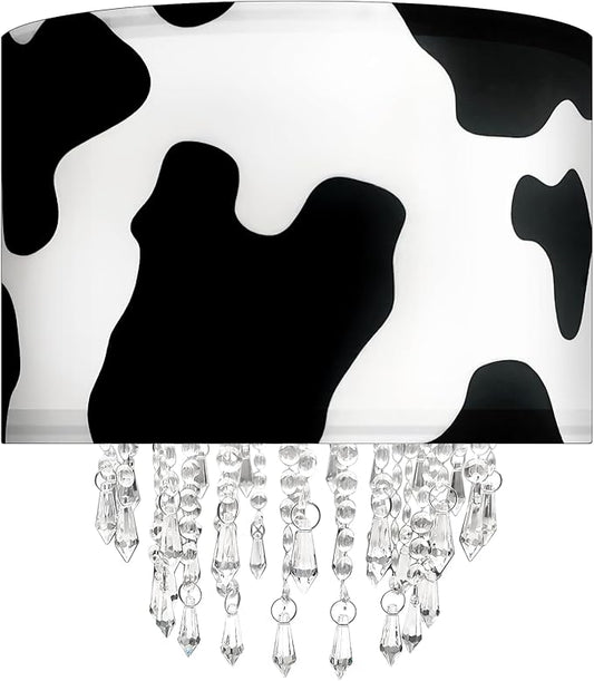 Star Vision Black & White Cow Print Drum Fabric Lampshade with Acrylic Beaded Droplets, Modern Farmhouse Light Shade for Pendant, Table, Wall & Floor Lamps, Bedroom, Living Room & Entryway Décor