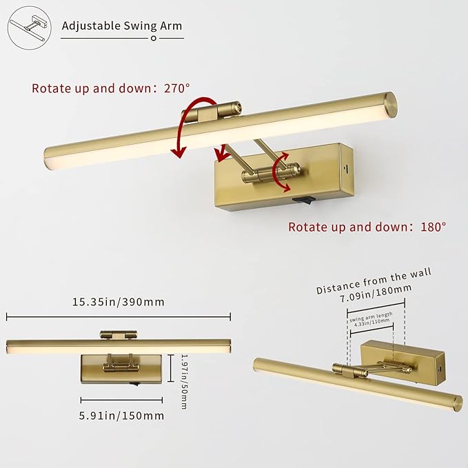 JUSHENG Wireless Picture Light with Remote and Timer, Battery Operated Art Light with Swing Arm, Rechargeable Gallery Lighting Display Light for Frame Artwork-Golden Like Brass 16'' Inch