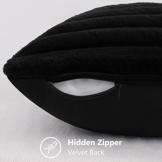 decorUhome Faux Fur Throw Pillow Covers 22x22 Set of 2, Decorative Soft Plush Striped Neutral Couch Euro Pillow Covers with Velvet Back for Sofa, Bed, Living Room Home Decor, Black