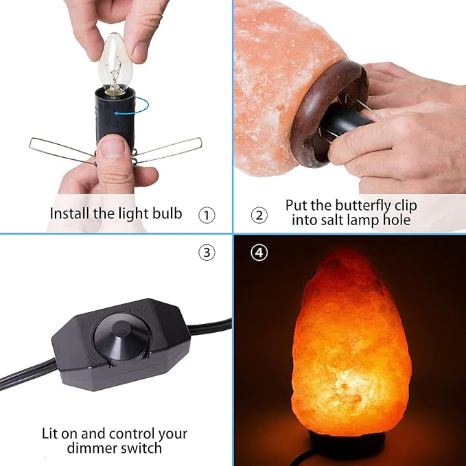 Salt Lamp Cord Replacement 1 Pack with Dimmer Switch 5 feet Lamp Cord and 6-Pack Halogen Salt Lamp Bulbs(15 Watts)